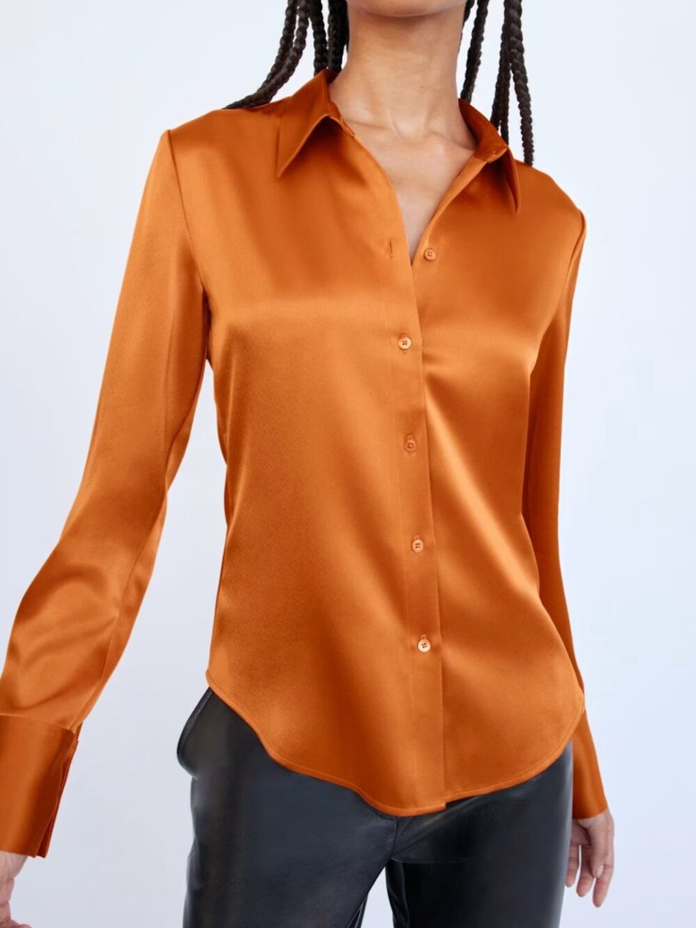 Reformation Burnt Orange Satin/ Silk Feeling Button-Down Shirt - Picture 2 of 9